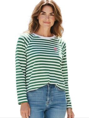 South Parade Womens Green Striped Pink Palm Tree Cotton Long Sleeve Top Medium